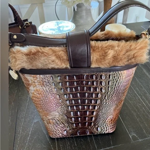 Brahmin Shira Genuine Shearling & Croc Embossed Leather Bucket Bag NWT - Picture 7 of 8
